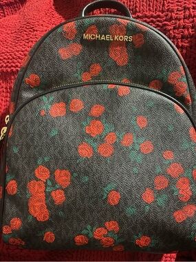 Michael Kors Abbey Black Backpack with Red Floral Print